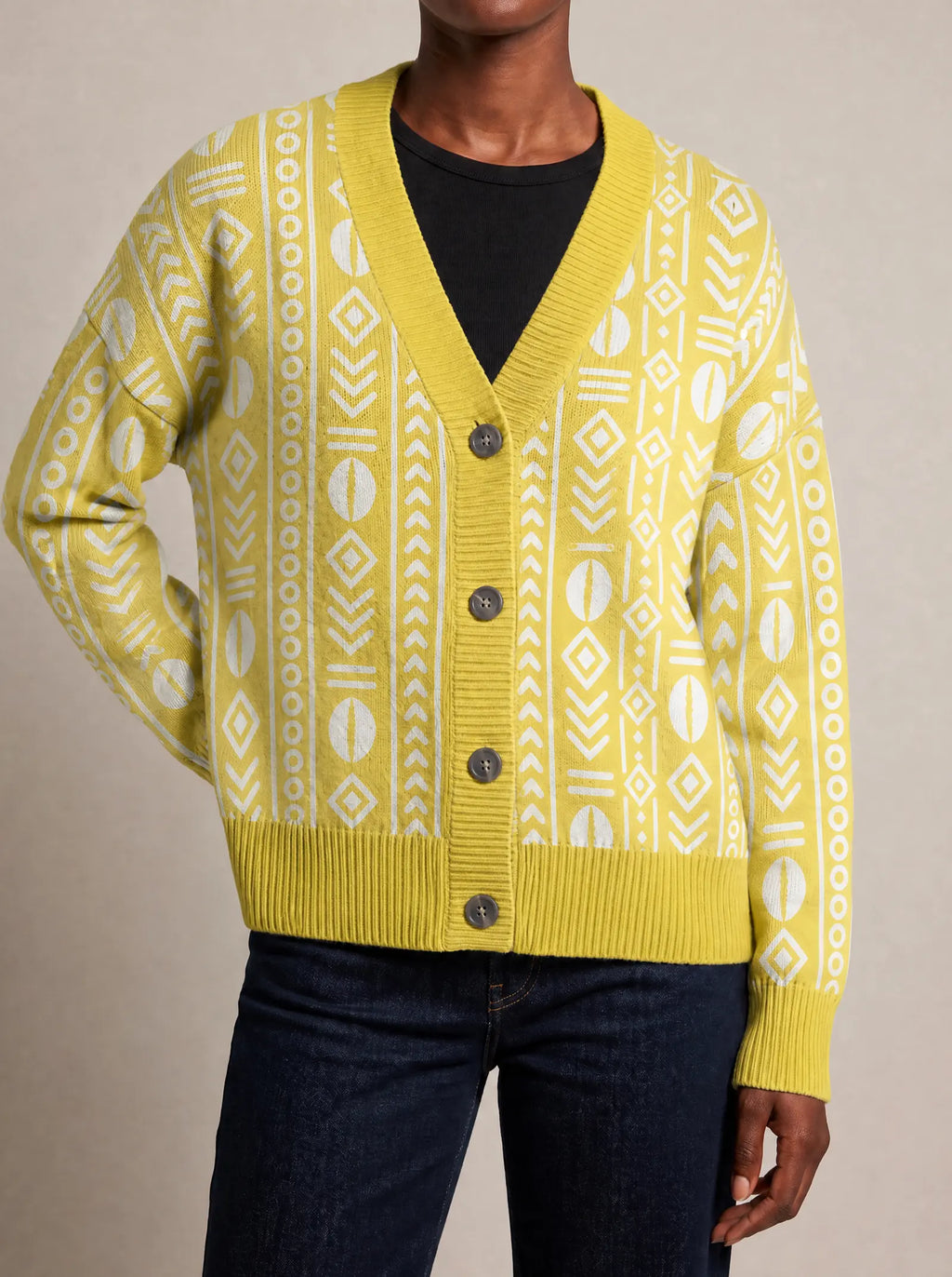 "Oshun Dhahabu" Cardigan — close view of the V-neck, buttons and ribbed trims