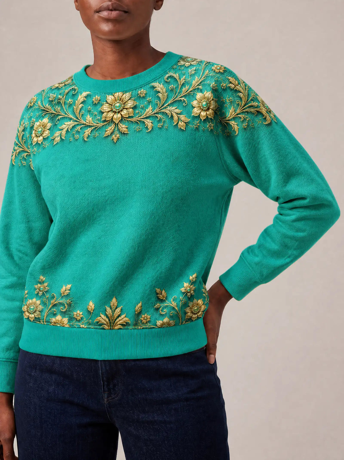 "Heshima" Sweatshirt — close view of the crew neck, raglan seams and ribbed trims