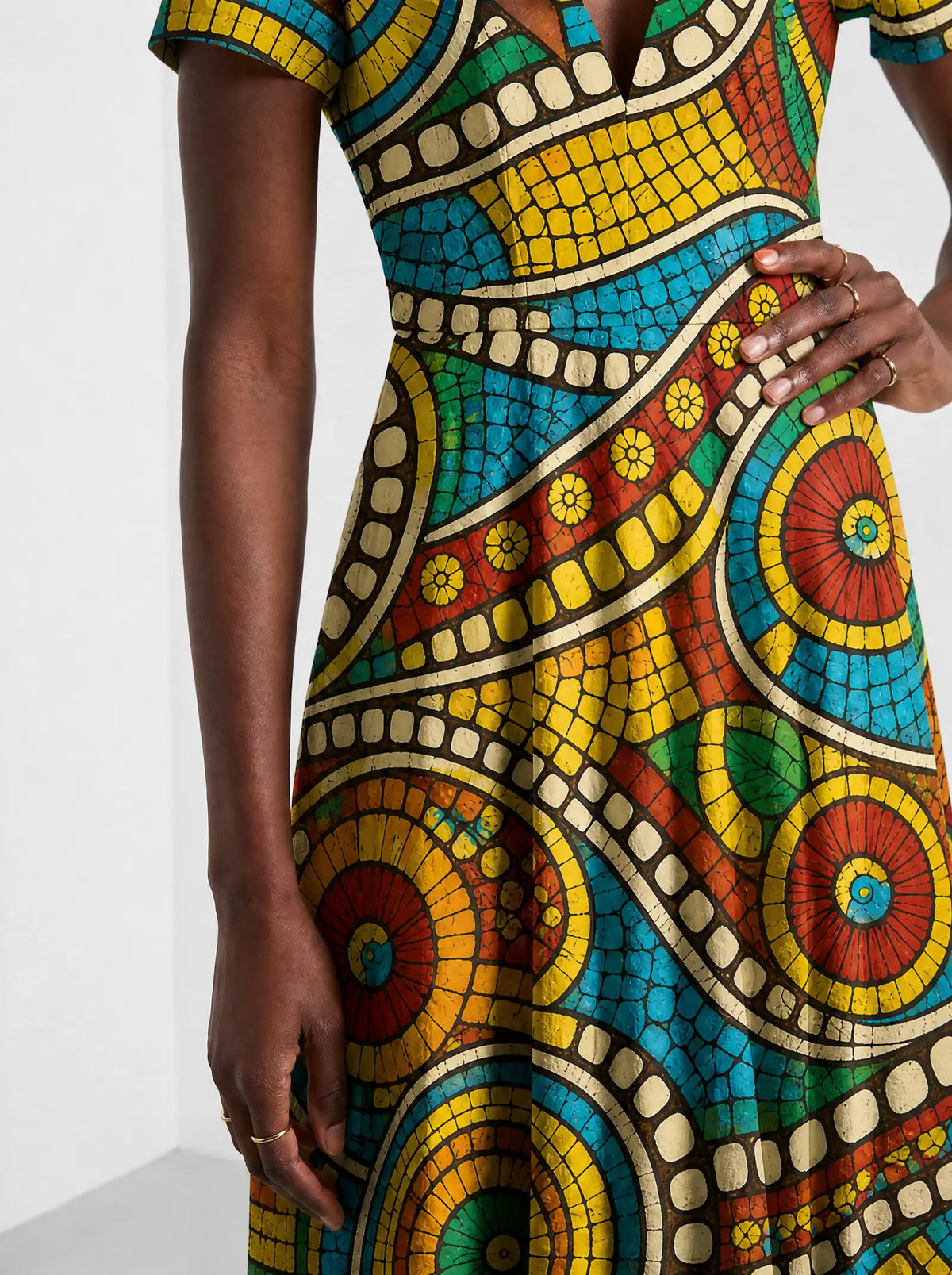 "Taji" Short Sleeve Maxi Dress — standing, angled view on model