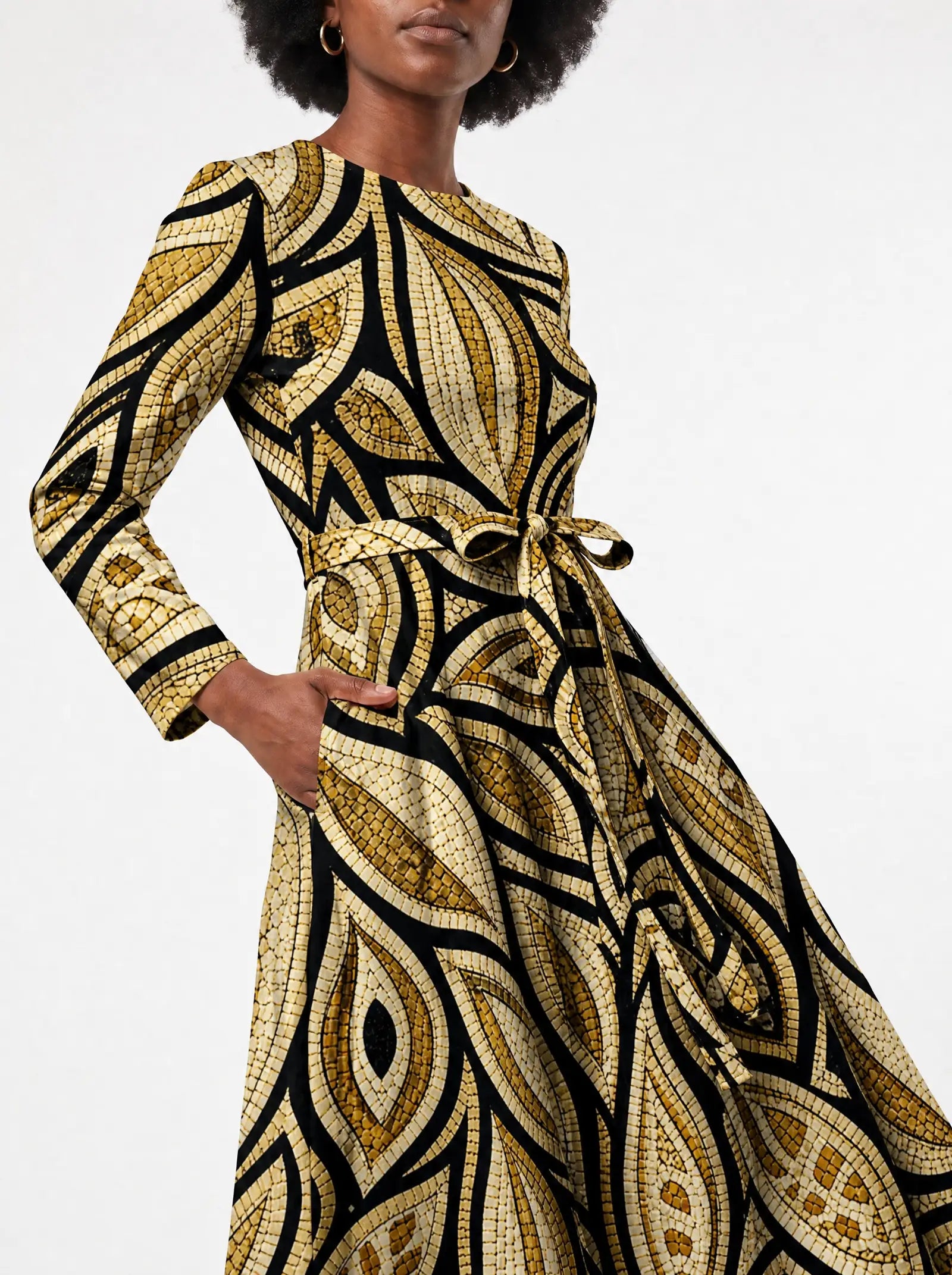 "Ashanti" Viscose Midi Dress — close-up of the tie sash and the in-seam side pocket