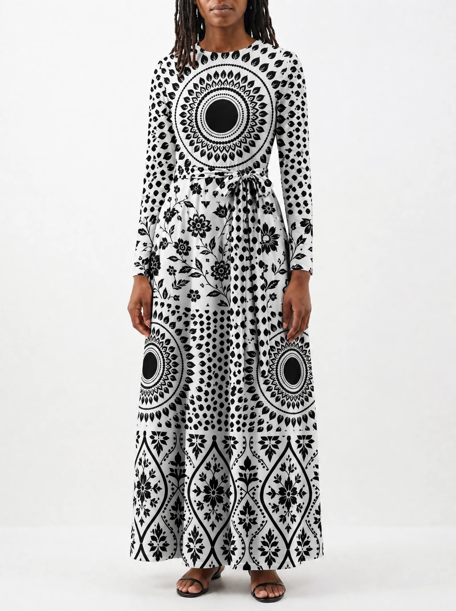 "Mwanga" Viscose Midi Dress — close-up of the tie sash and the in-seam side pocket