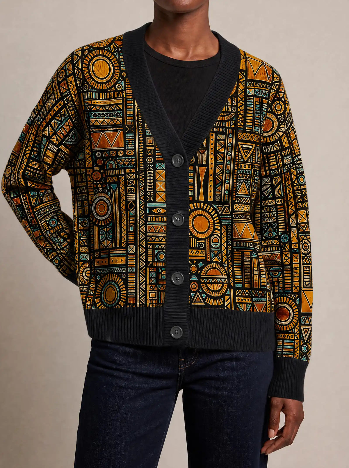 "Afrocentric Pattern" Cardigan — close view of the V-neck, buttons and ribbed trims