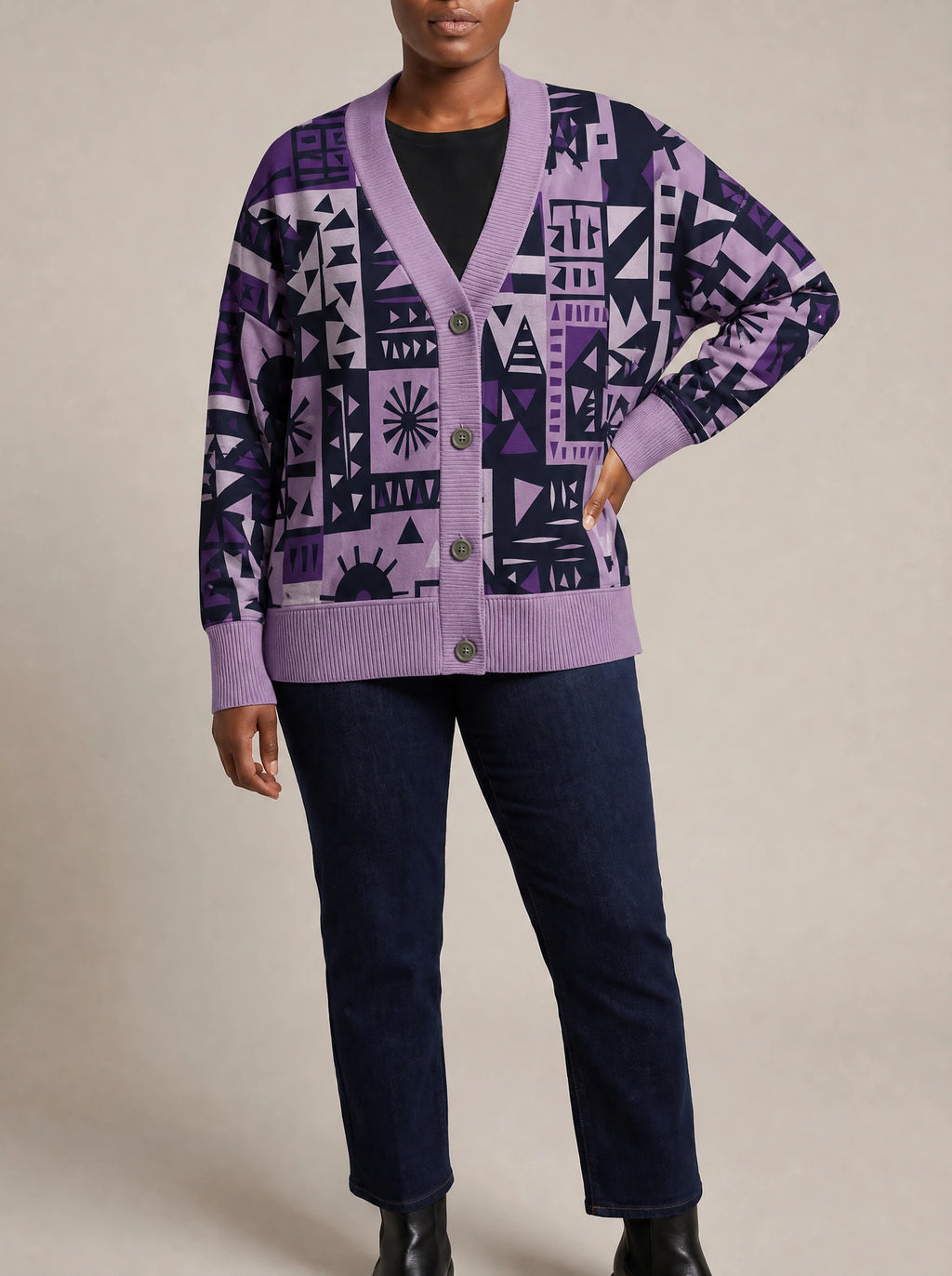 "Lavenda" Knitted Cardigan — close view of the V-neck, buttons and ribbed trims