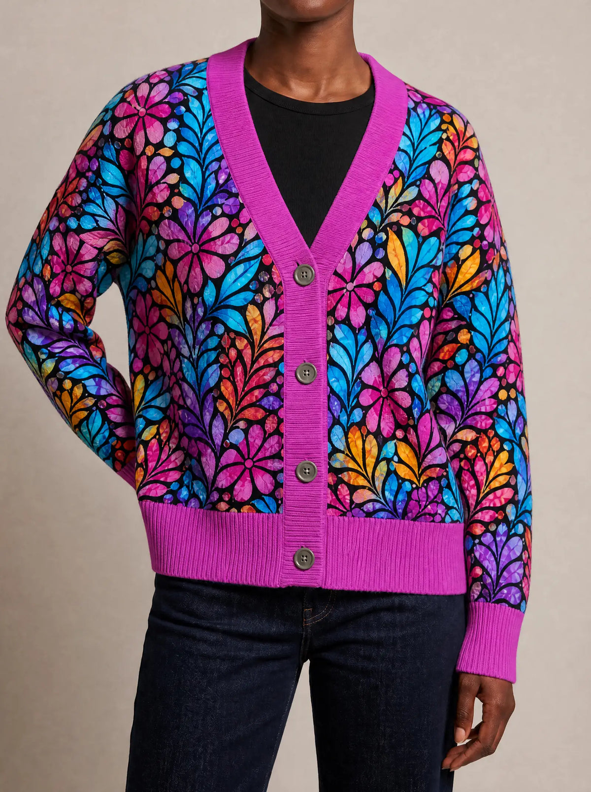 "Rangi" Cardigan — close view of the V-neck, buttons and ribbed trims
