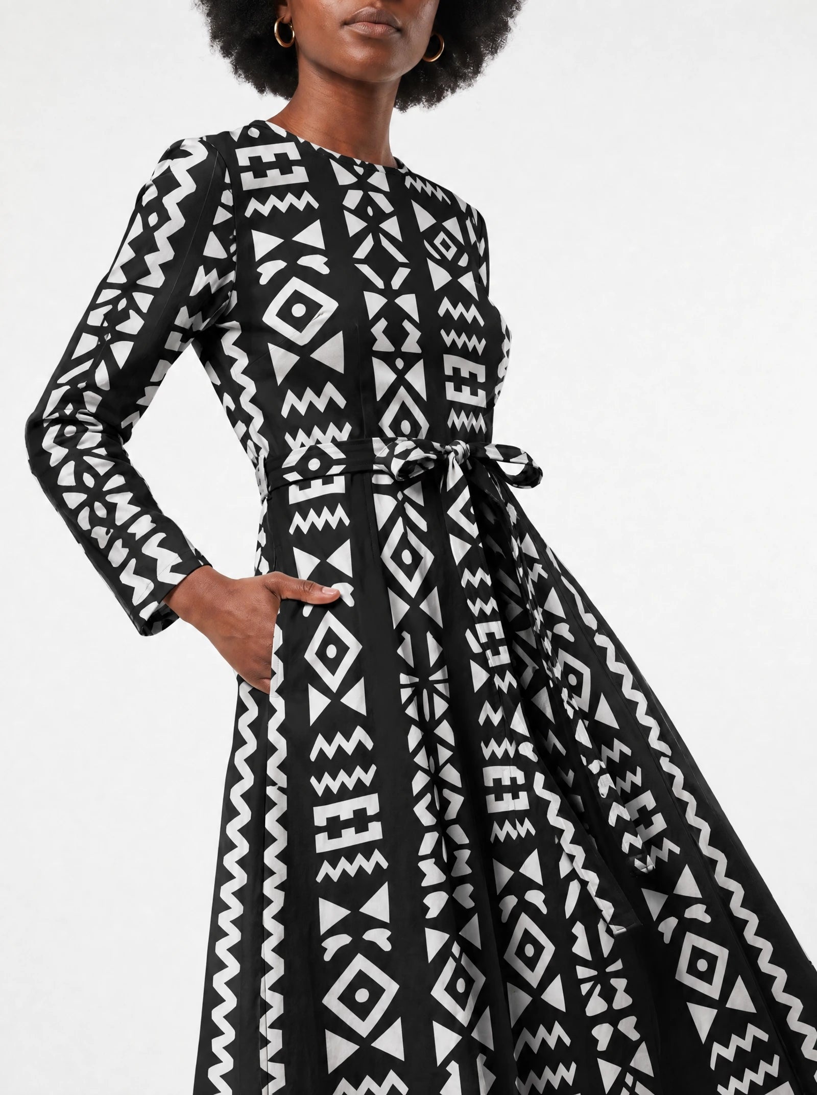 "Kuba" Viscose Midi Dress — close-up of the tie sash and the in-seam side pocket