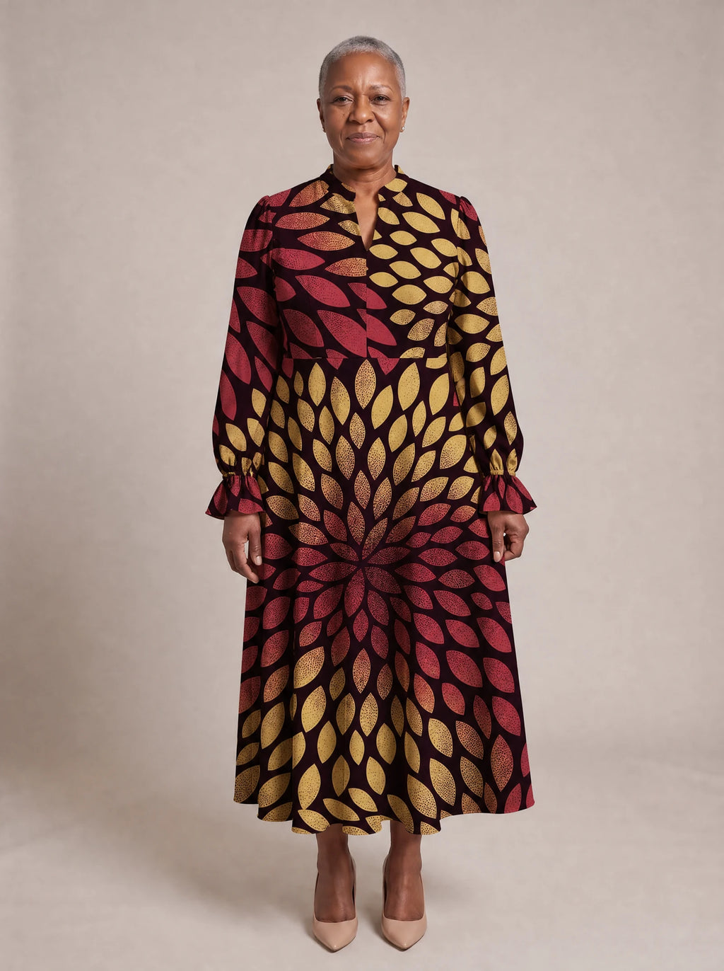 "Mavuno" Long Puff Sleeve Dress — standing, angled view on model