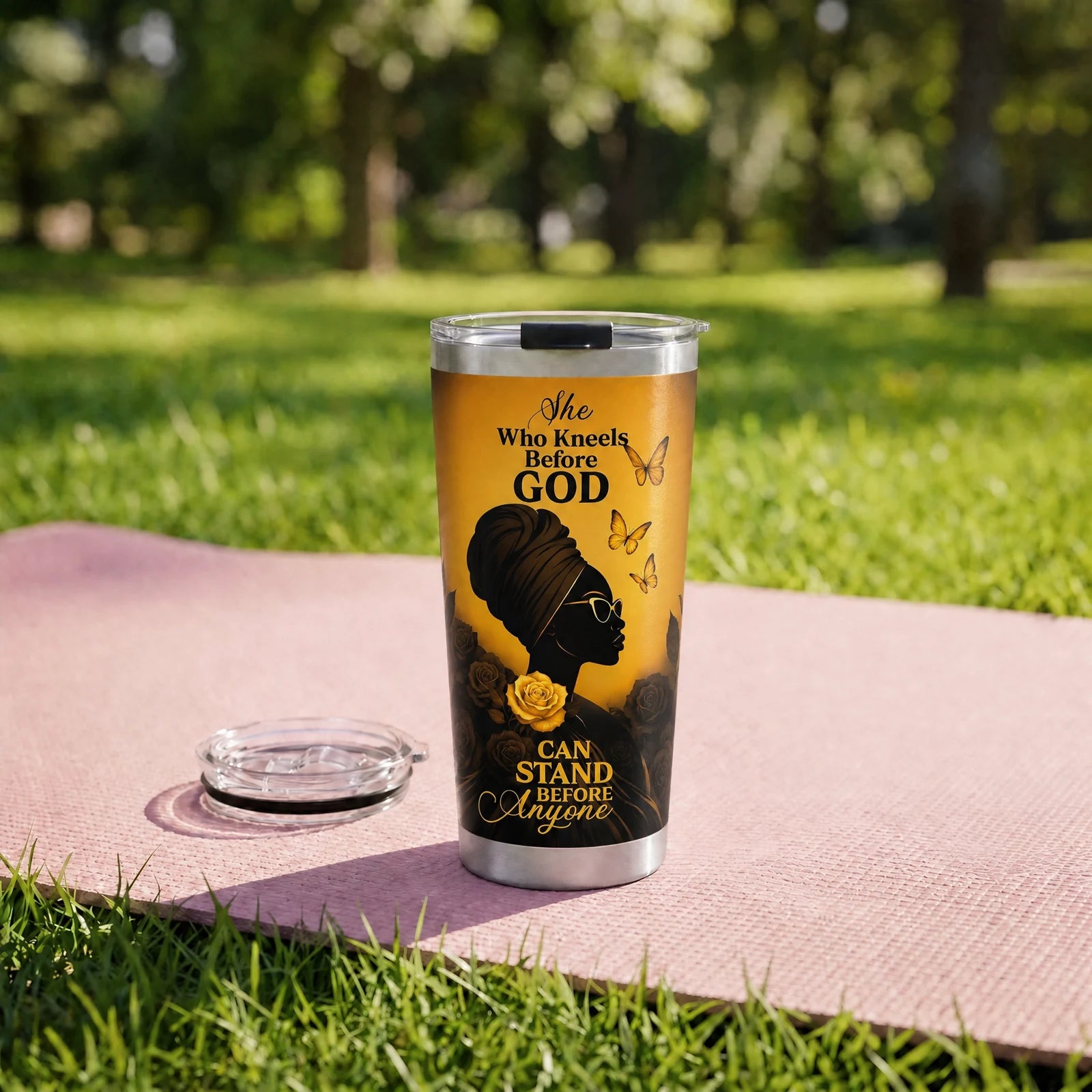 "Selah" Tumbler — on a yoga mat on a park lawn