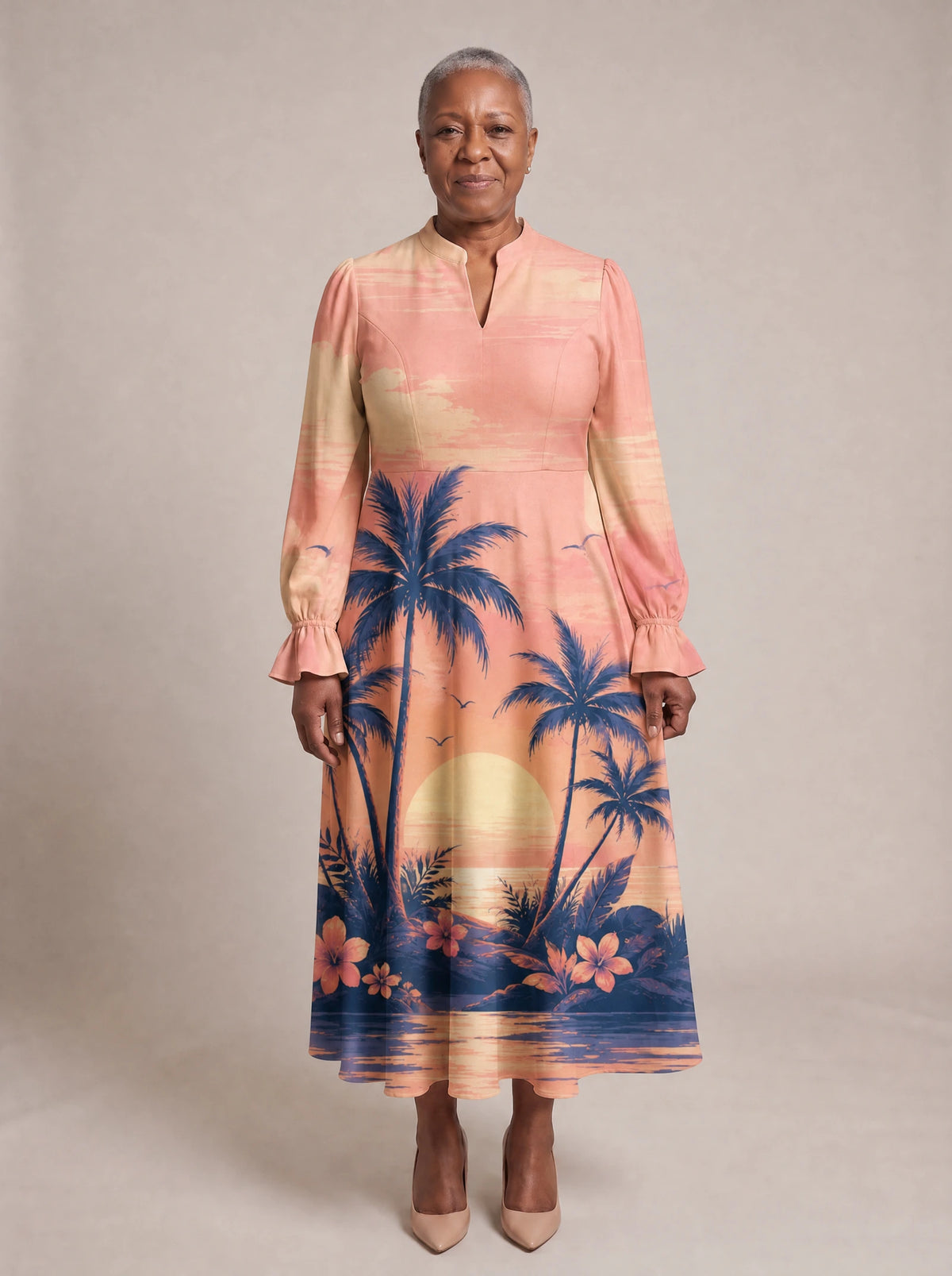 "Machweo" Long Puff Sleeve Dress — standing, angled view on model