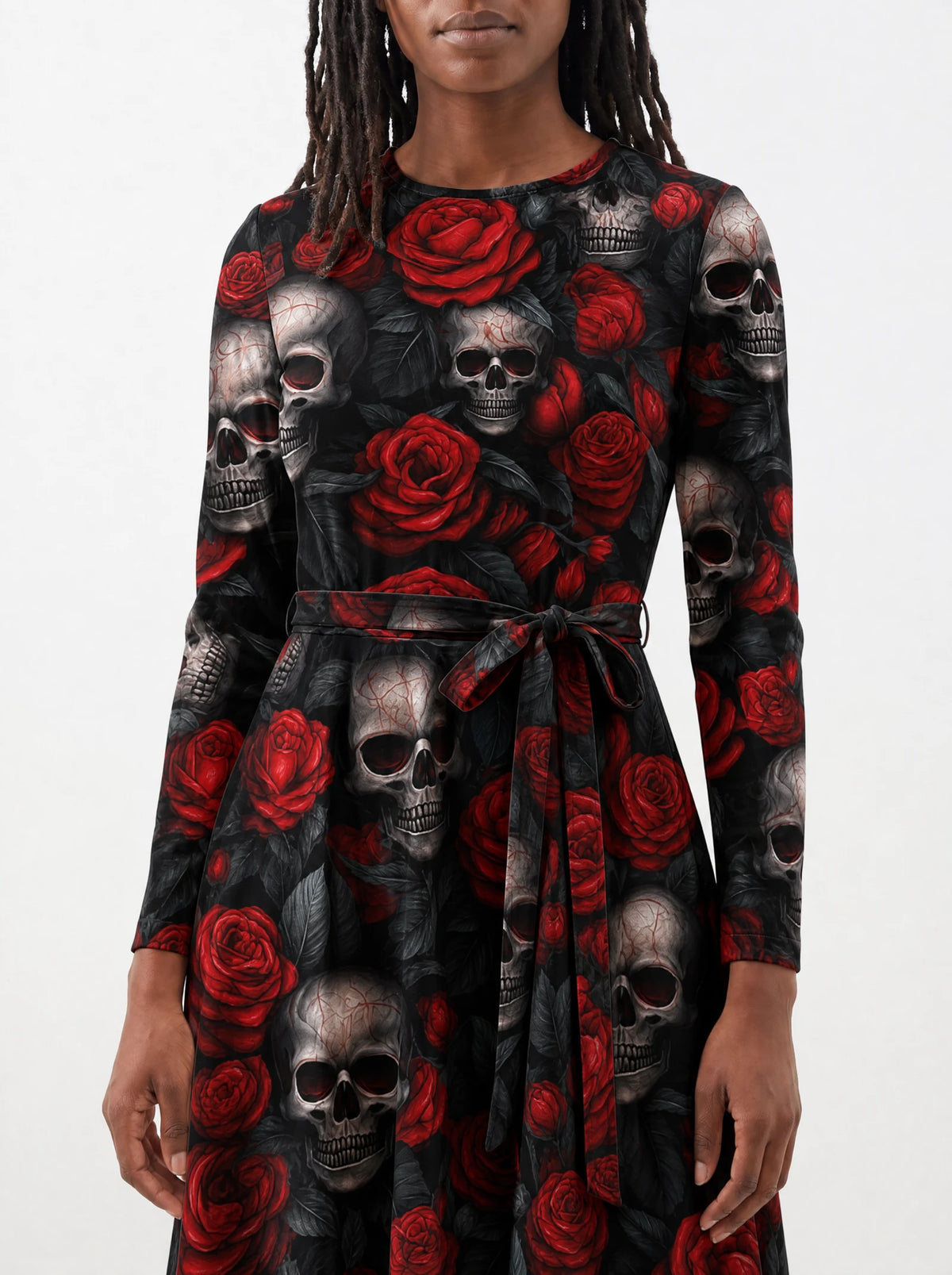"Uchawi" Long Sleeve Midaxi Dress — standing, angled view on model