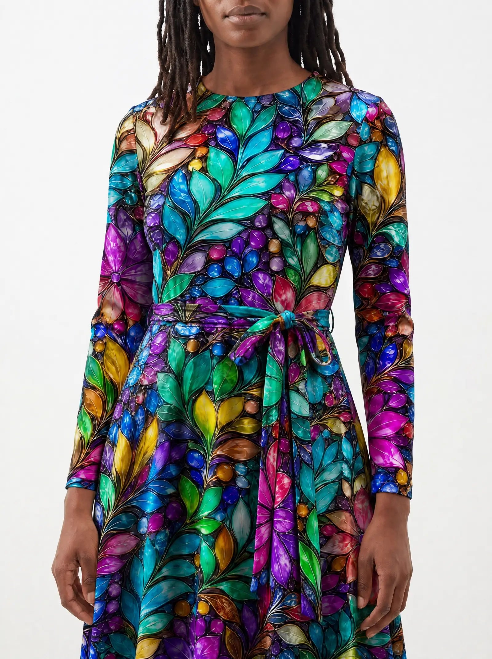 "Upinde" Viscose Midi Dress — close-up of the tie sash and the in-seam side pocket