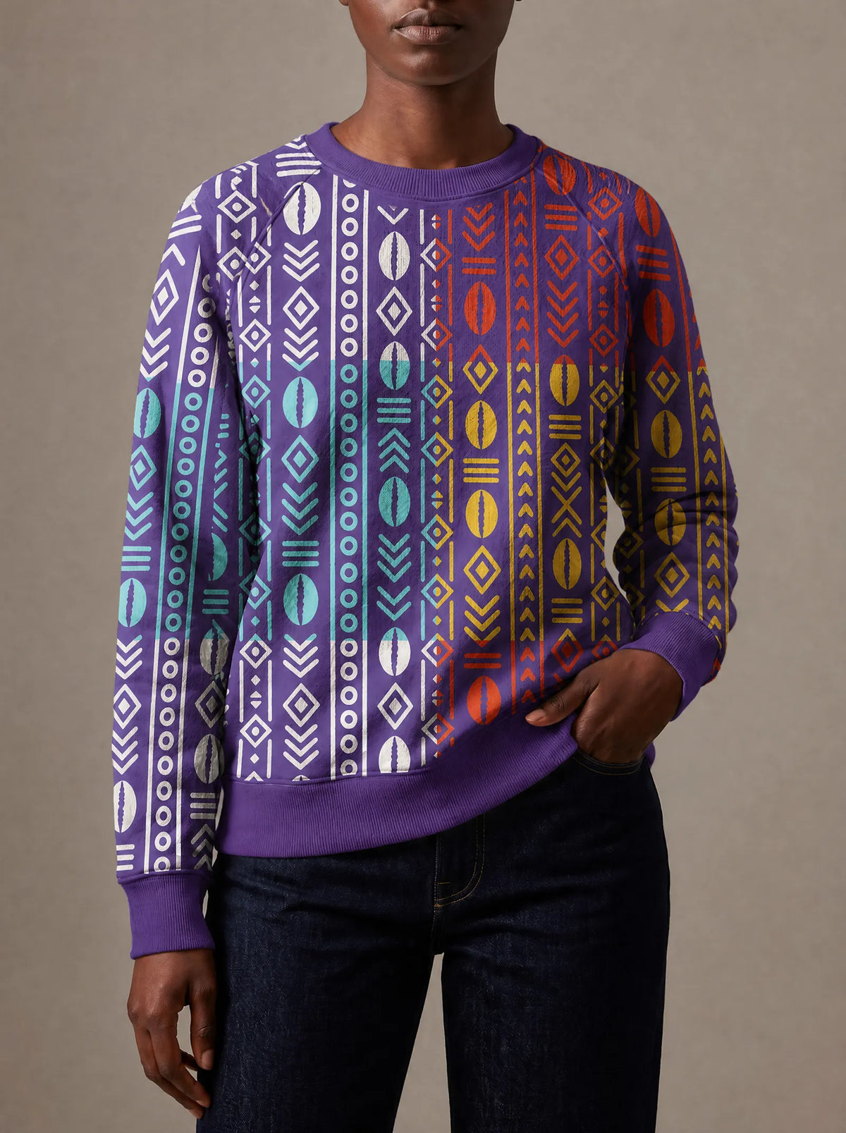 "Oshun Zamani" Sweatshirt — close view of the crew neck, raglan seams and ribbed trims