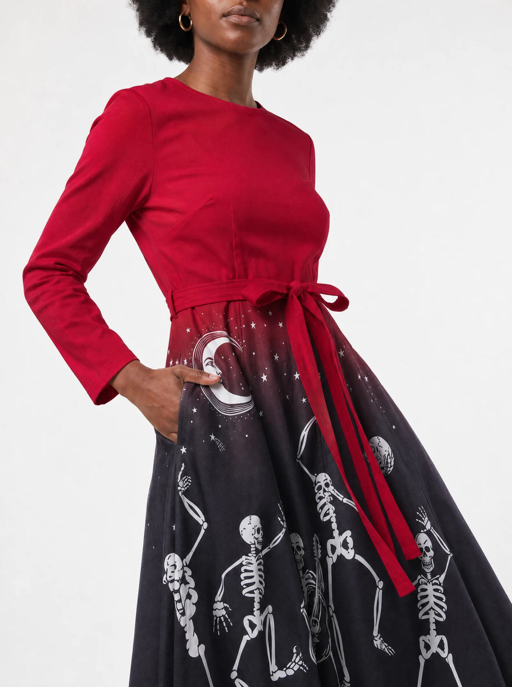 "Mwezi" Halloween Long Sleeve Midaxi Dress — standing, angled view on model