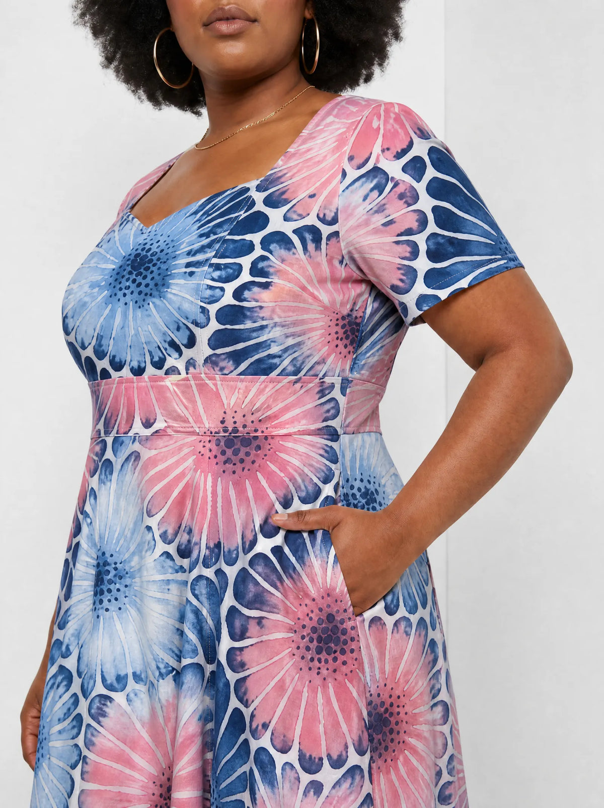 "Samawati" Sweetheart Midi Dress — close-up of the bodice and the in-seam side pocket