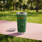 "Asili" Emerald Tumbler — on a yoga mat on a park lawn