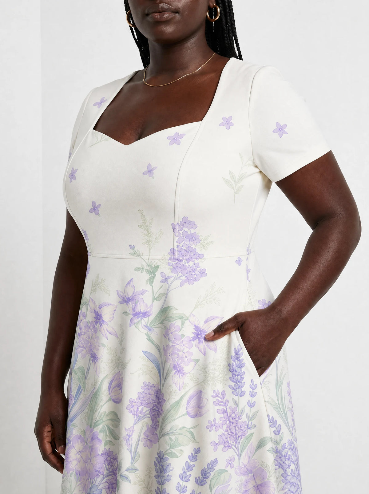 "Urujuani" Sweetheart Midi Dress — close-up of the bodice and the in-seam side pocket