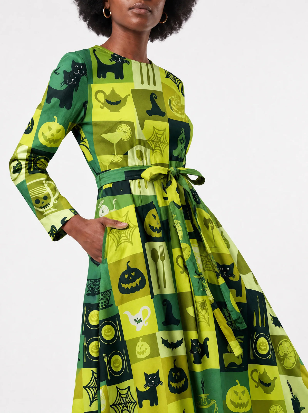 "Karamu" Halloween Long Sleeve Midaxi Dress — standing, angled view on model