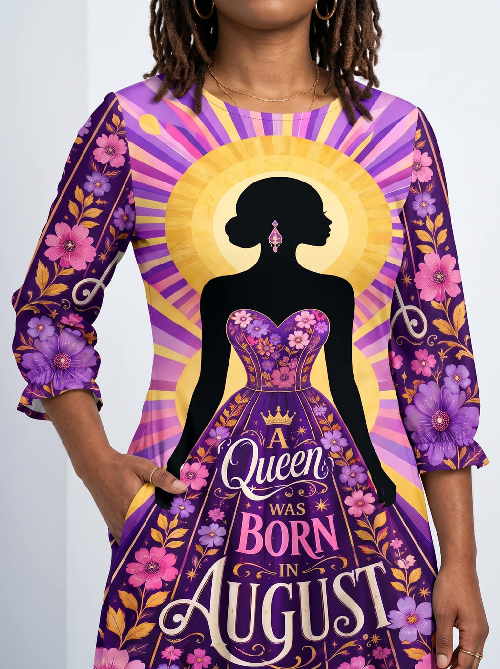 "August Queen Purple Bloom" Long Sleeve Maxi Dress