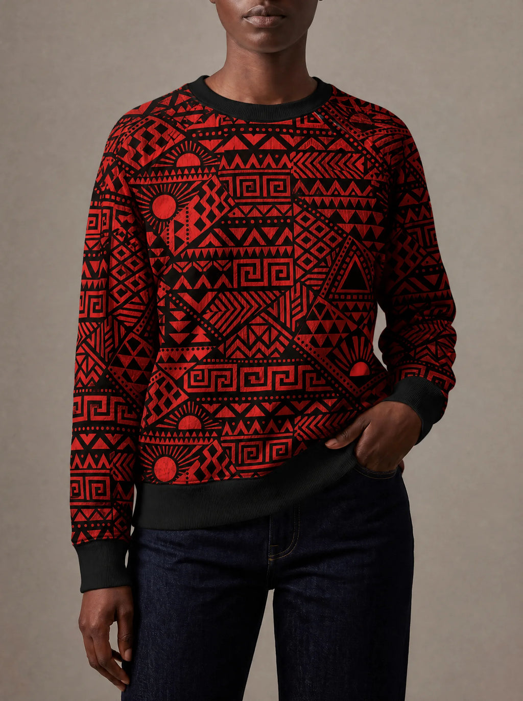 "Shaka Burgundy" Sweatshirt — close view of the crew neck, raglan seams and ribbed trims