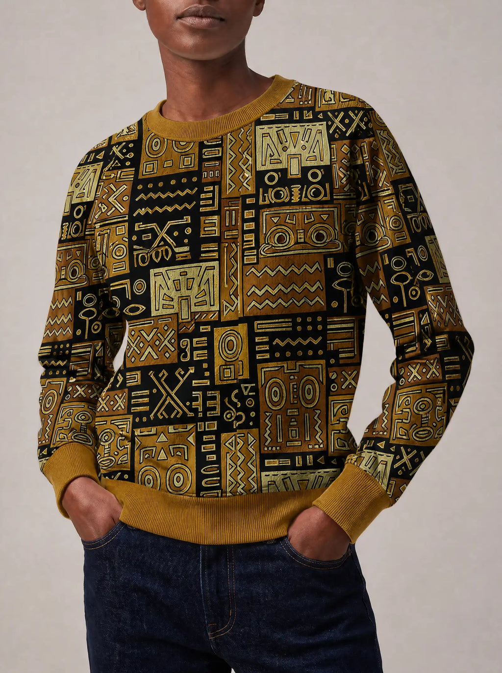 "Sankofa" Sweatshirt — close view of the crew neck, raglan seams and ribbed trims