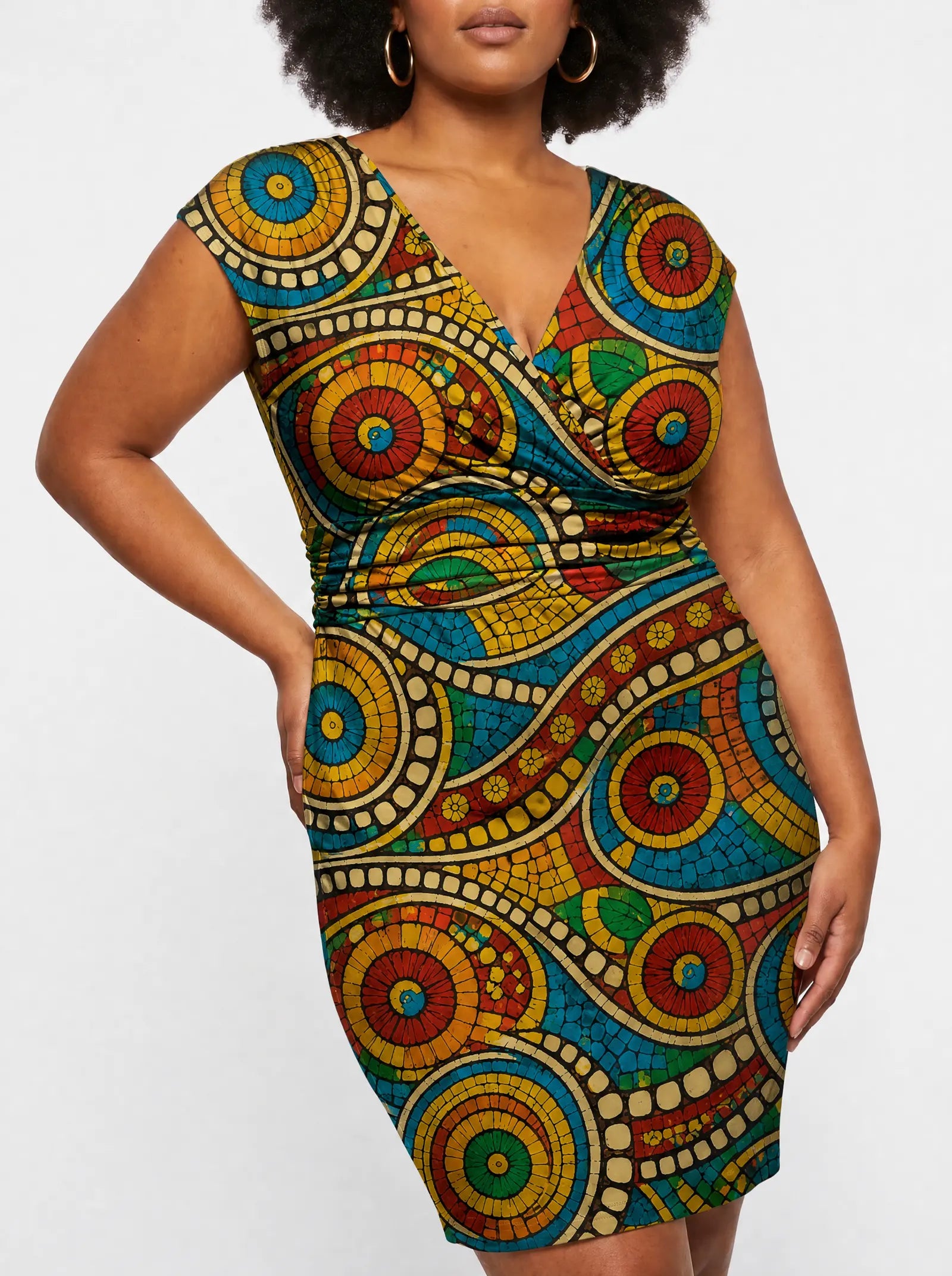 "Taji" Cap Sleeve Midi Dress — close-up of the ruched waistband
