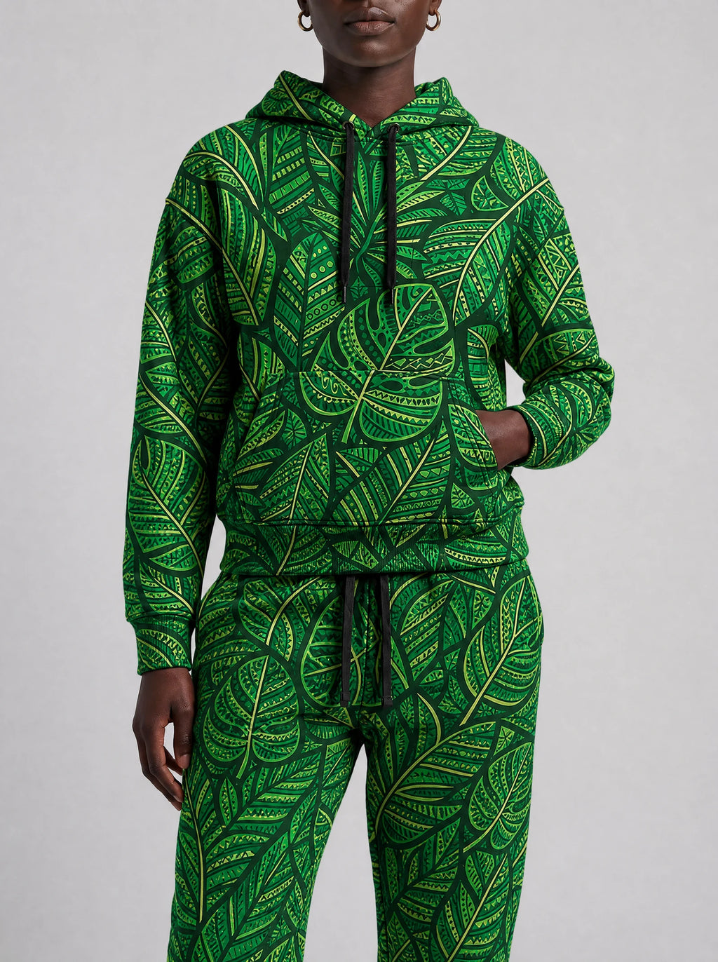 "Asili" Emerald Hoodie & Jogger Set — close view of the pocket, hem band and jogger waistband