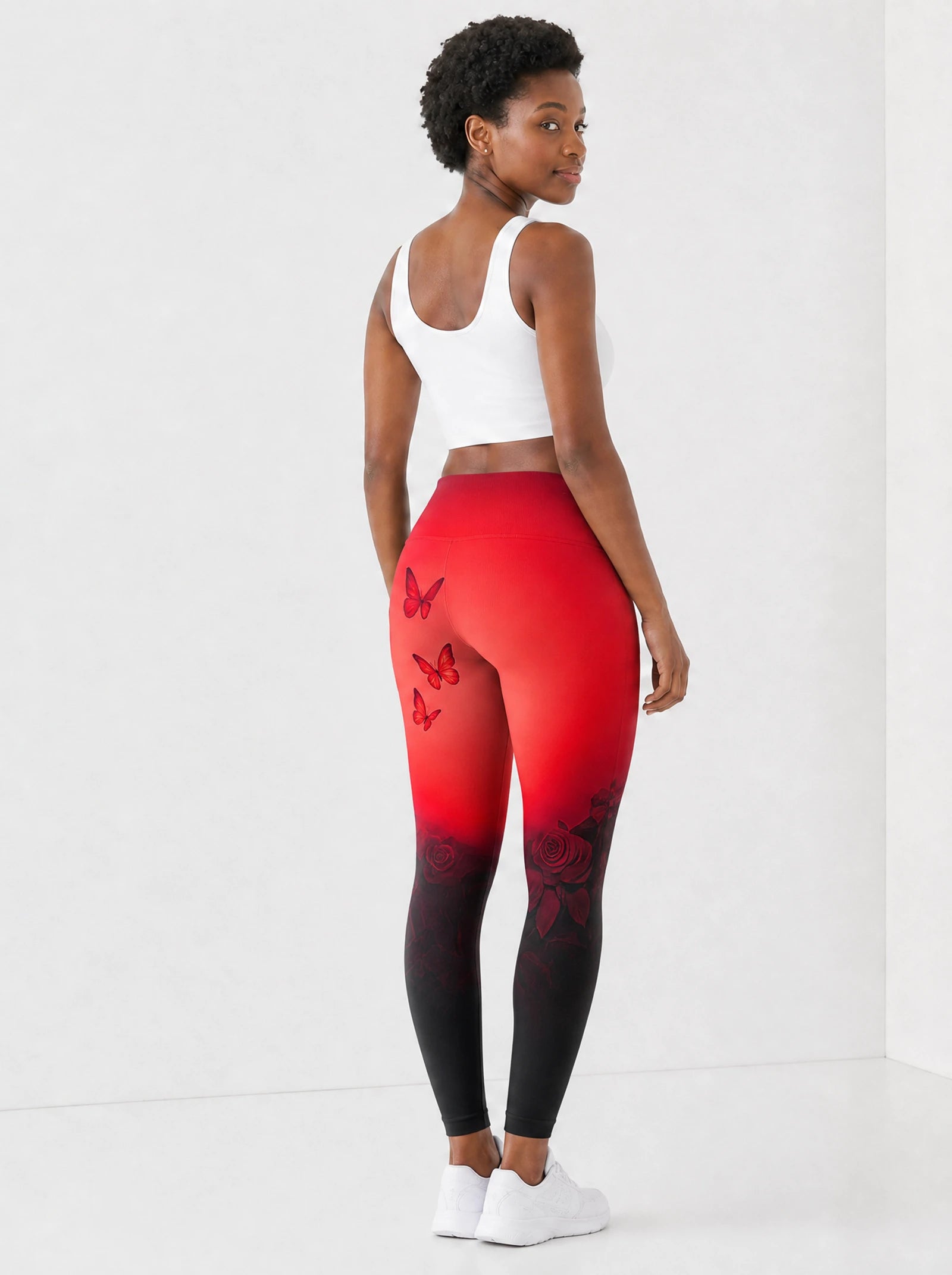 "Selah" Red Leggings — back view on model