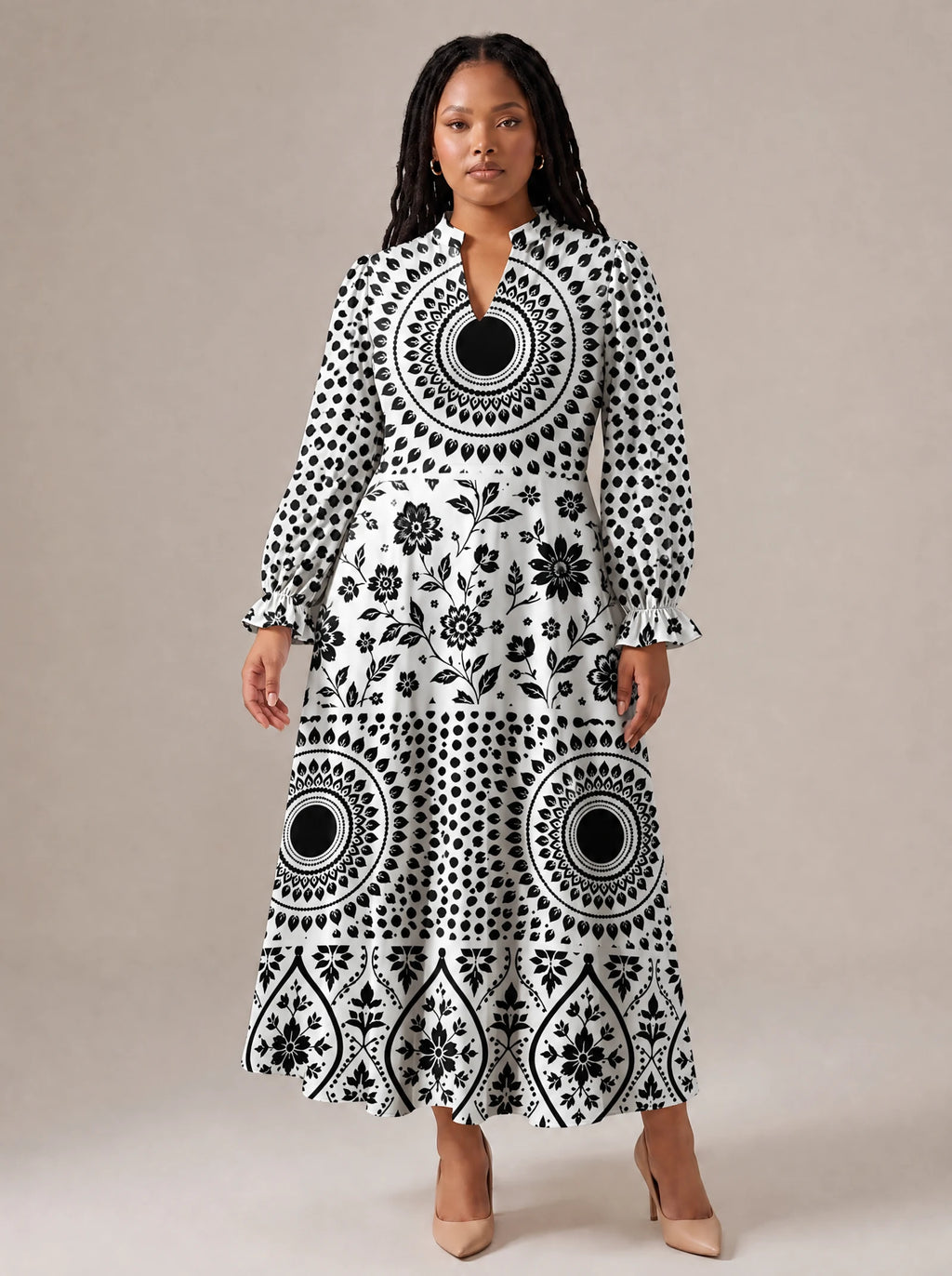 "Mwanga" Long Puff Sleeve Dress — standing, angled view on model