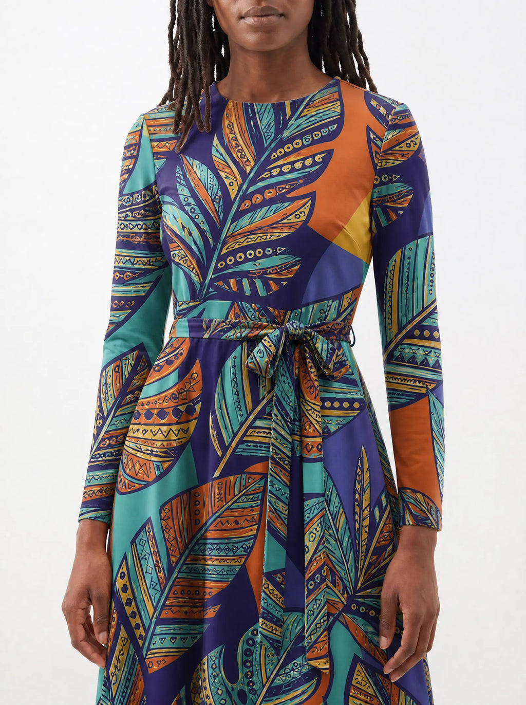 "Majani" Viscose Midi Dress — close-up of the tie sash and the in-seam side pocket