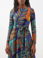 "Majani" Viscose Midi Dress — close-up of the tie sash and the in-seam side pocket