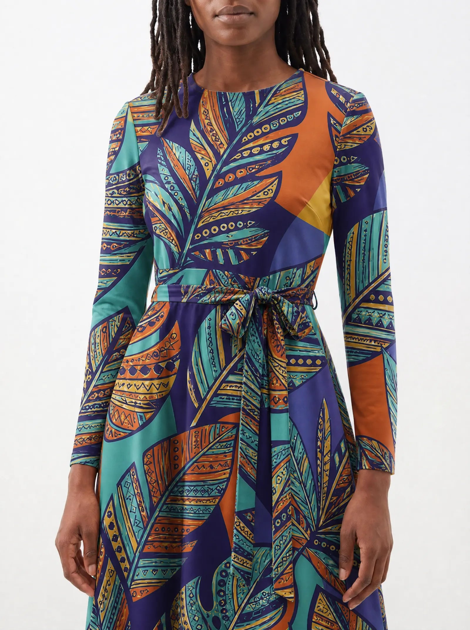"Majani" Viscose Midi Dress — close-up of the tie sash and the in-seam side pocket