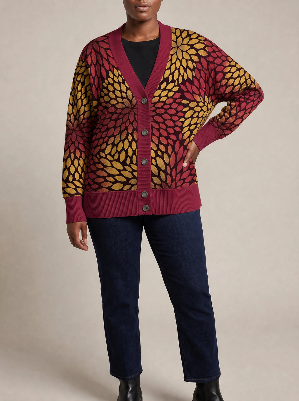 "Mavuno" Knitted Cardigan — close view of the V-neck, buttons and ribbed trims