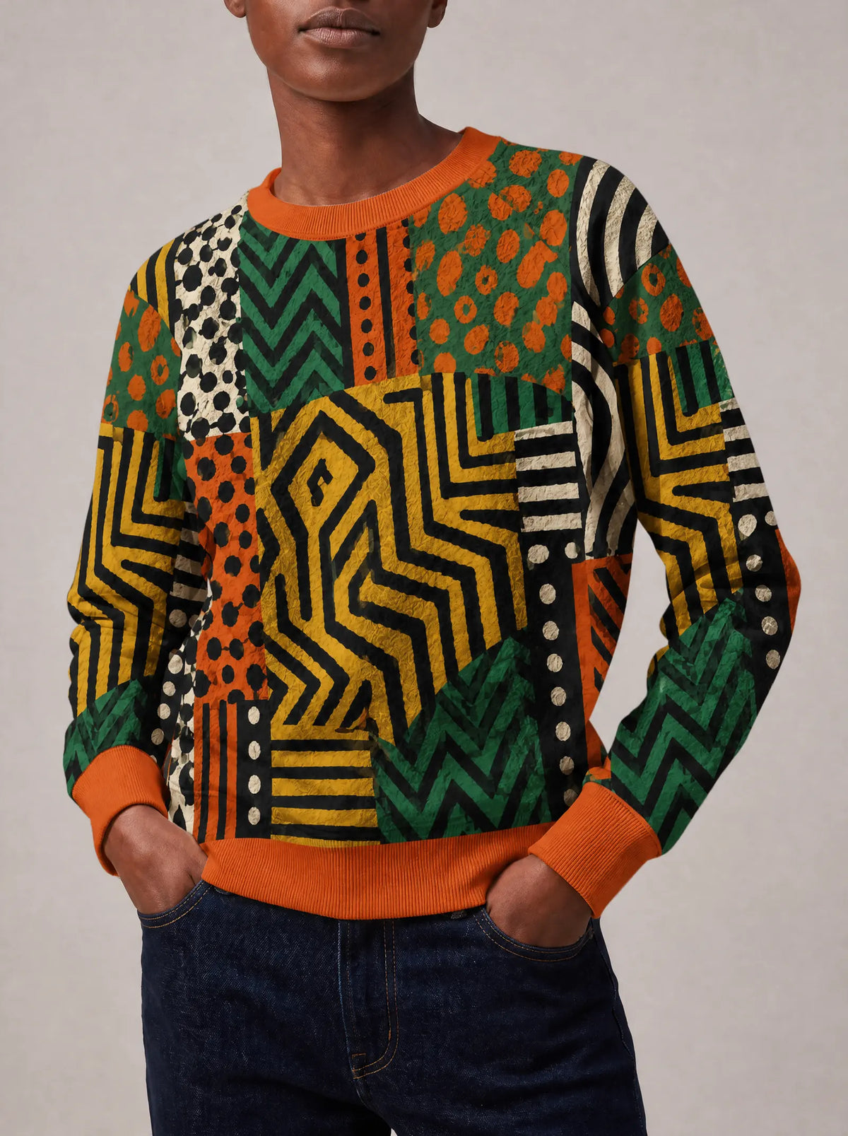 "Vipande" Sweatshirt — close view of the crew neck, raglan seams and ribbed trims