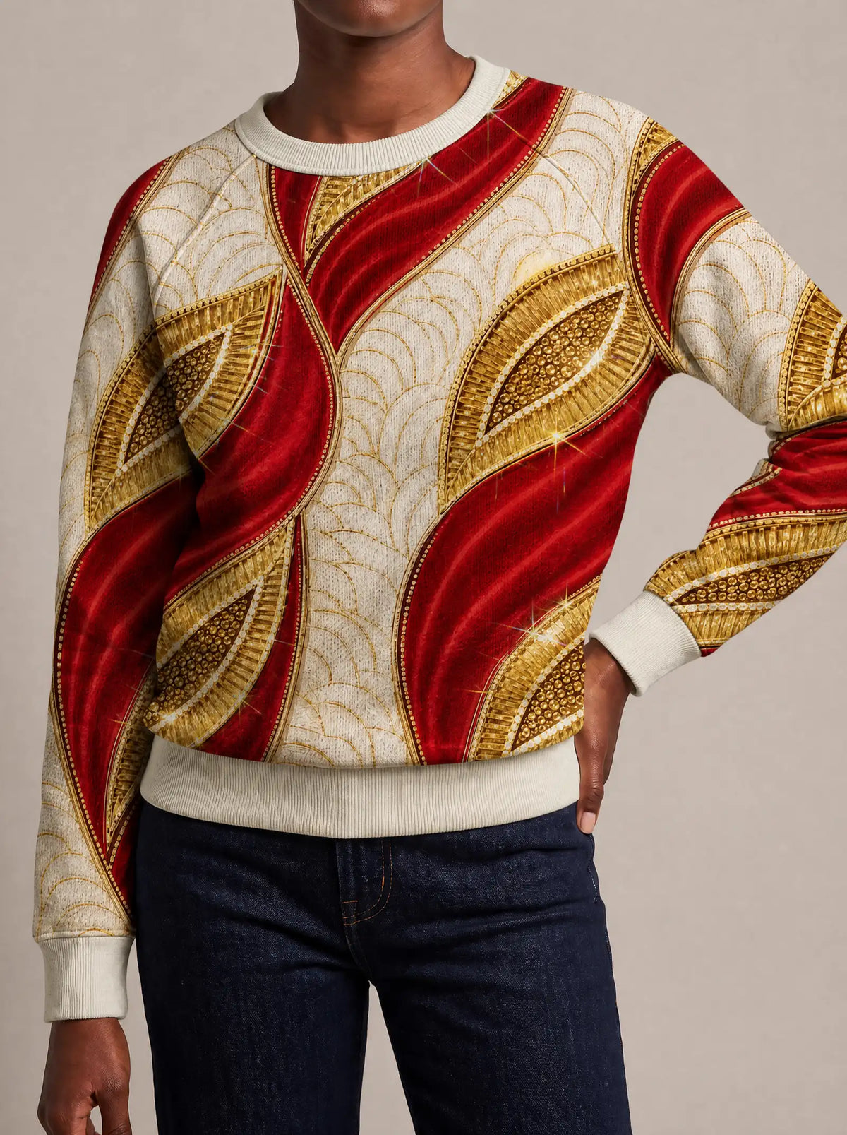 "Utukufu" Sweatshirt — close view of the crew neck, raglan seams and ribbed trims