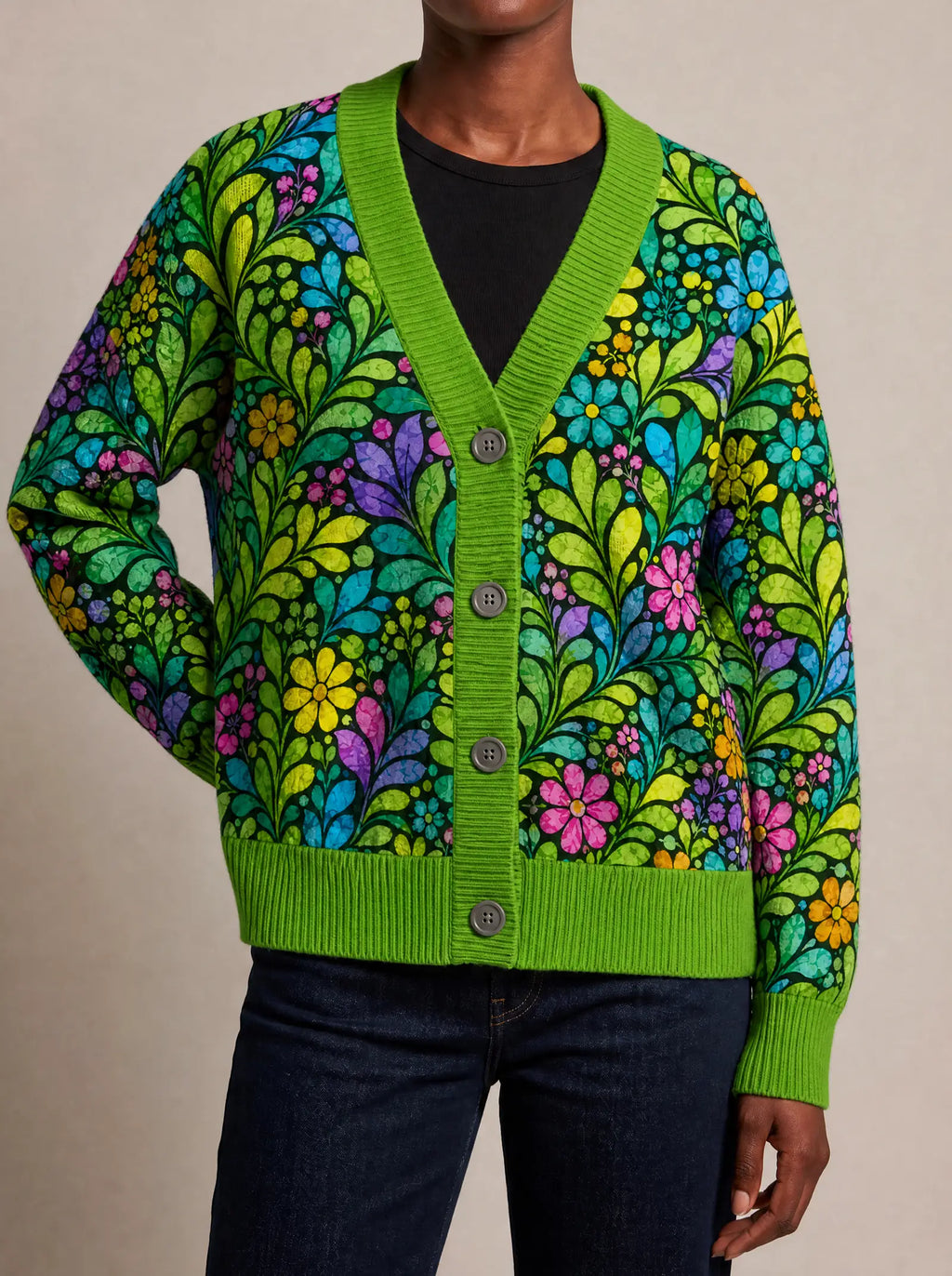 "Zumaridi" Cardigan — close view of the V-neck, buttons and ribbed trims