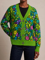 "Zumaridi" Cardigan — close view of the V-neck, buttons and ribbed trims