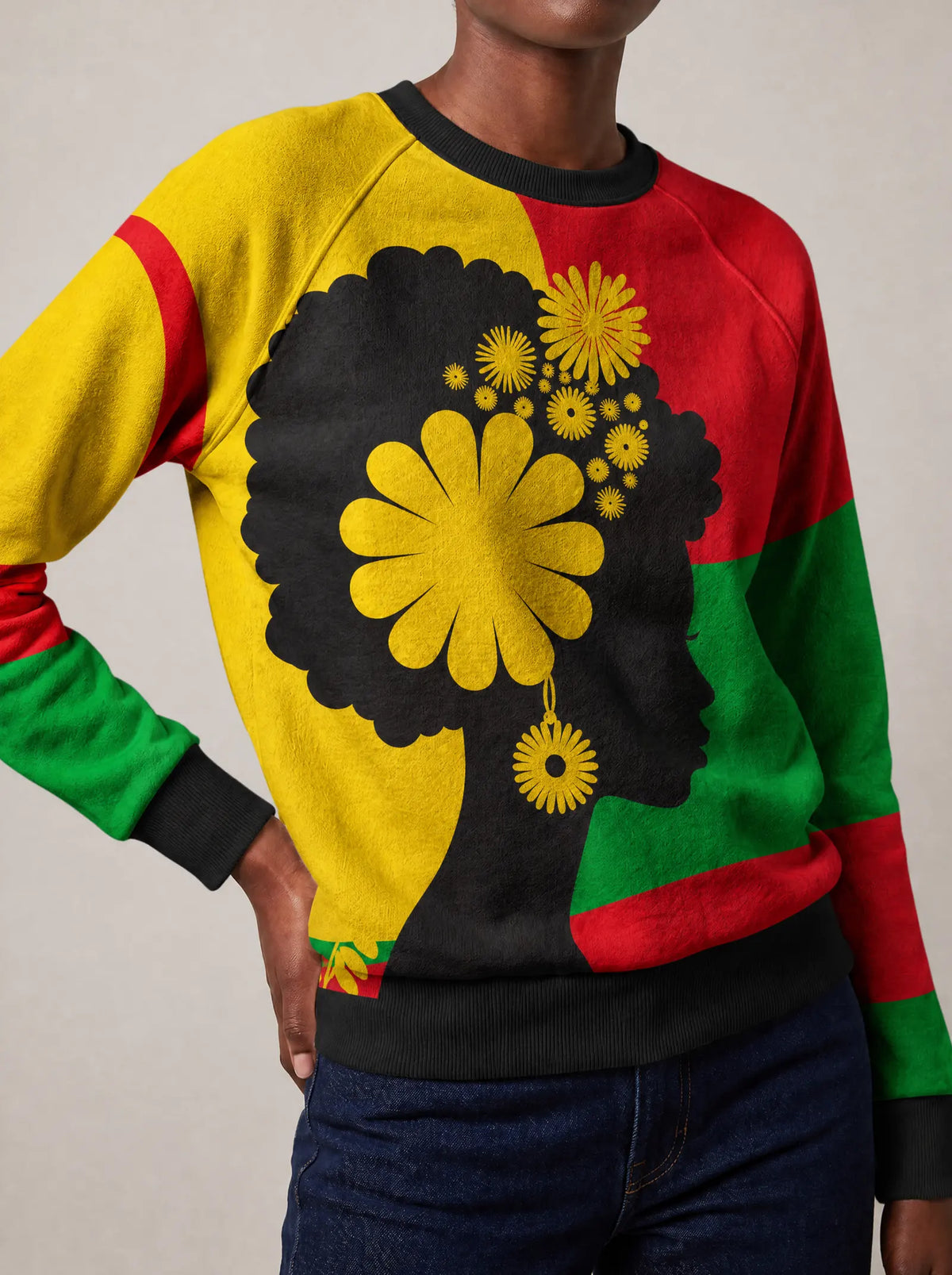 "Furaha" Sweatshirt — close view of the crew neck, raglan seams and ribbed trims