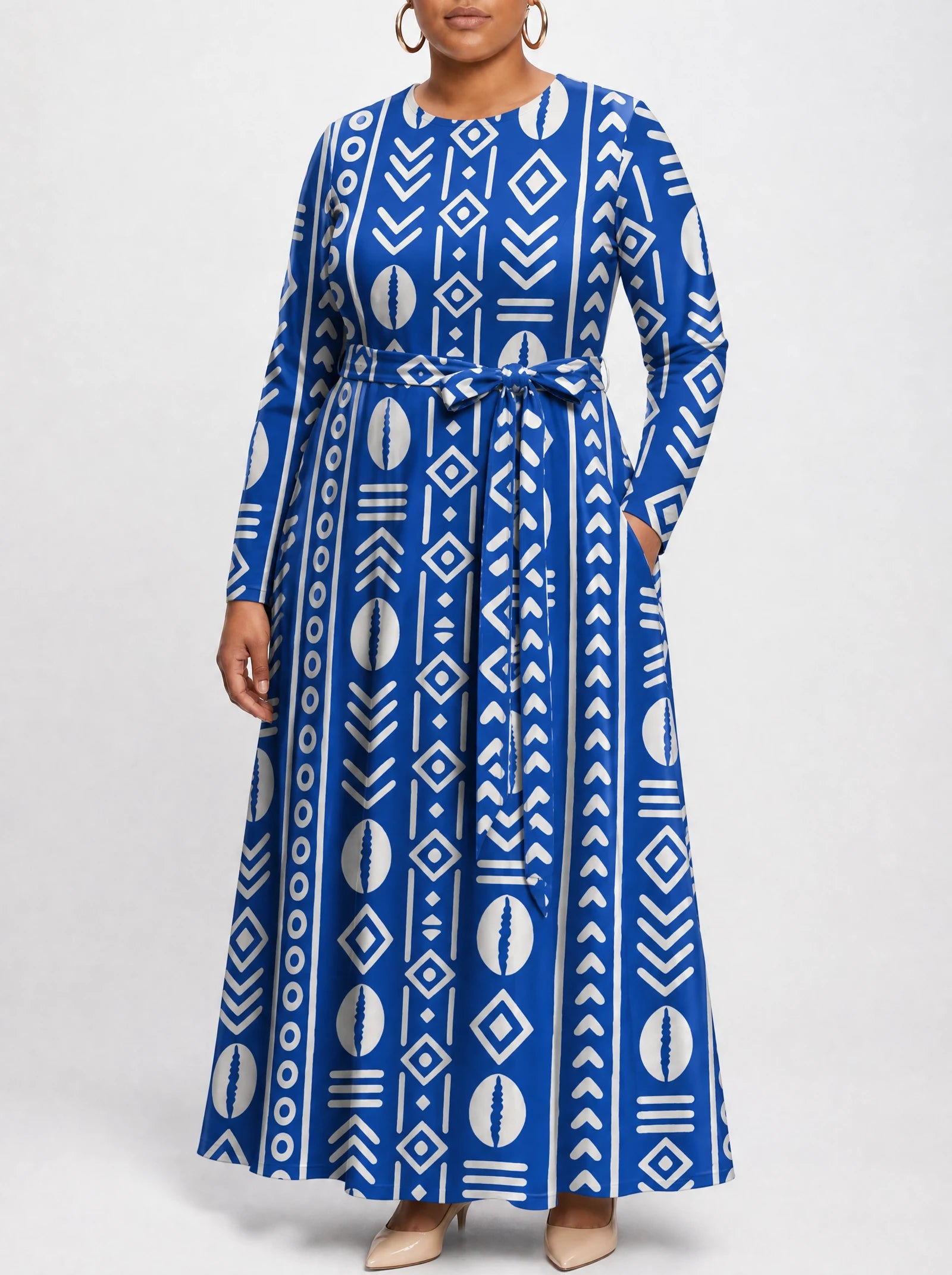 "Oshun" Viscose Midi Dress — close-up of the tie sash and the in-seam side pocket