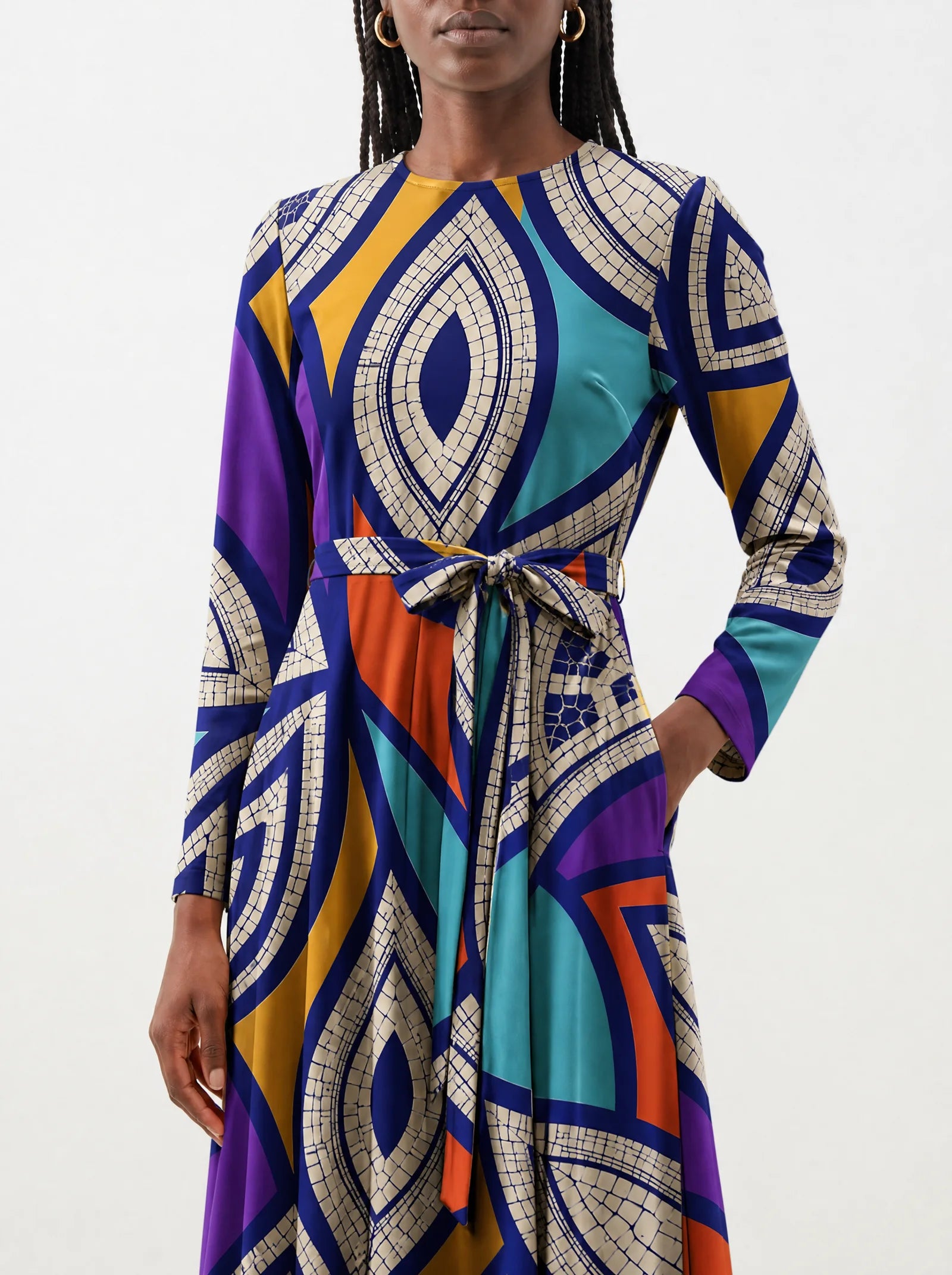 "Johari" Viscose Midi Dress — close-up of the tie sash and the in-seam side pocket