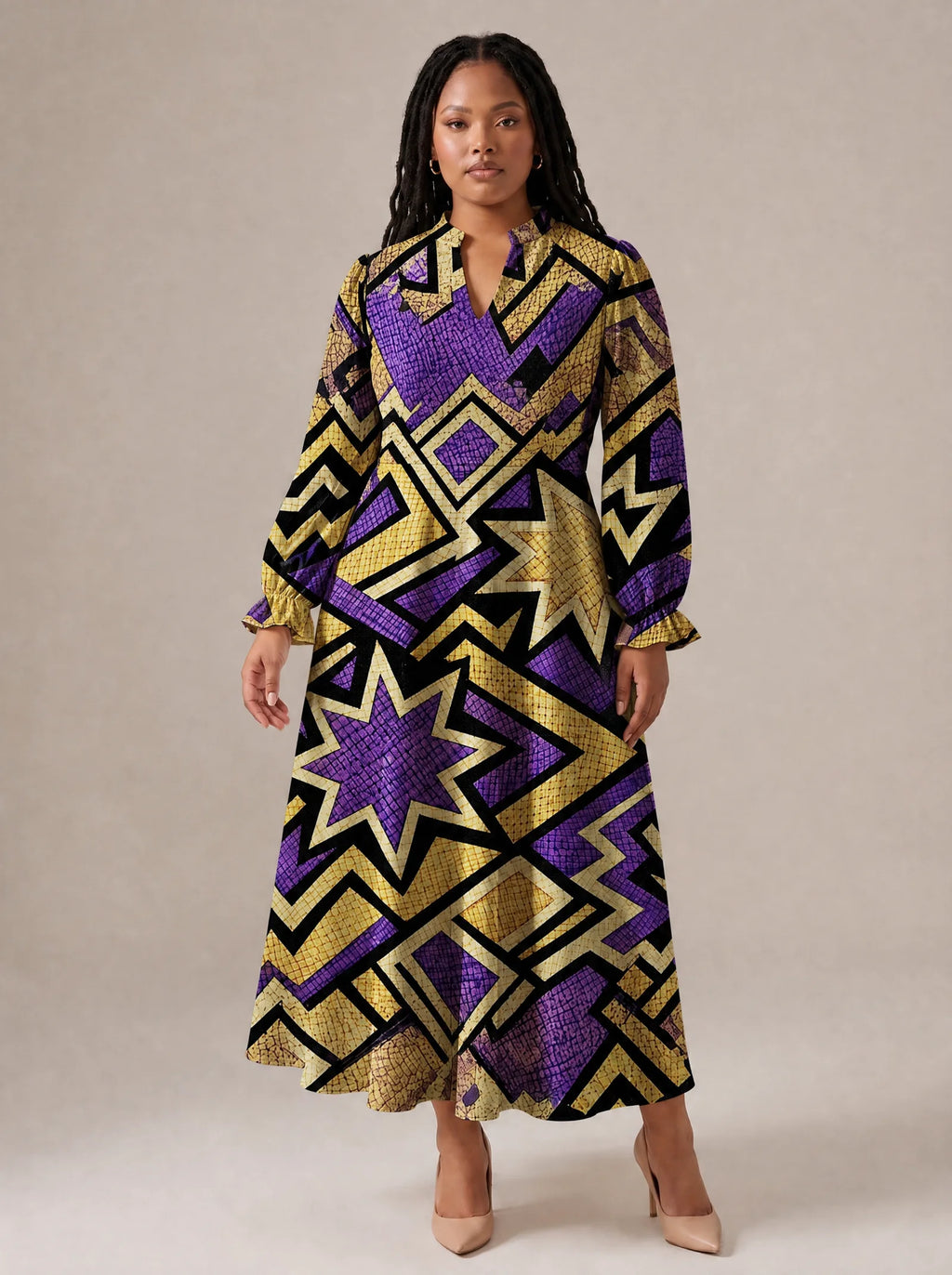 "Sheba" Long Puff Sleeve Dress — standing, angled view on model