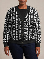"Kuba" Cardigan — close view of the V-neck, buttons and ribbed trims