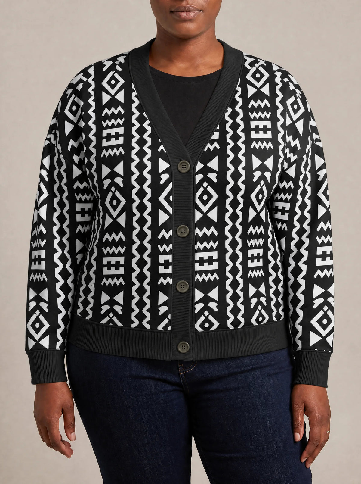 "Kuba" Cardigan — close view of the V-neck, buttons and ribbed trims