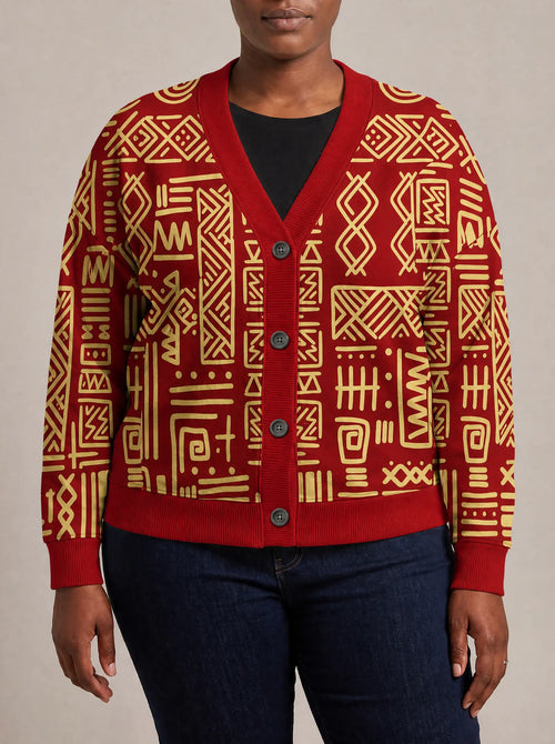 "Alama" Cardigan — close view of the V-neck, buttons and ribbed trims