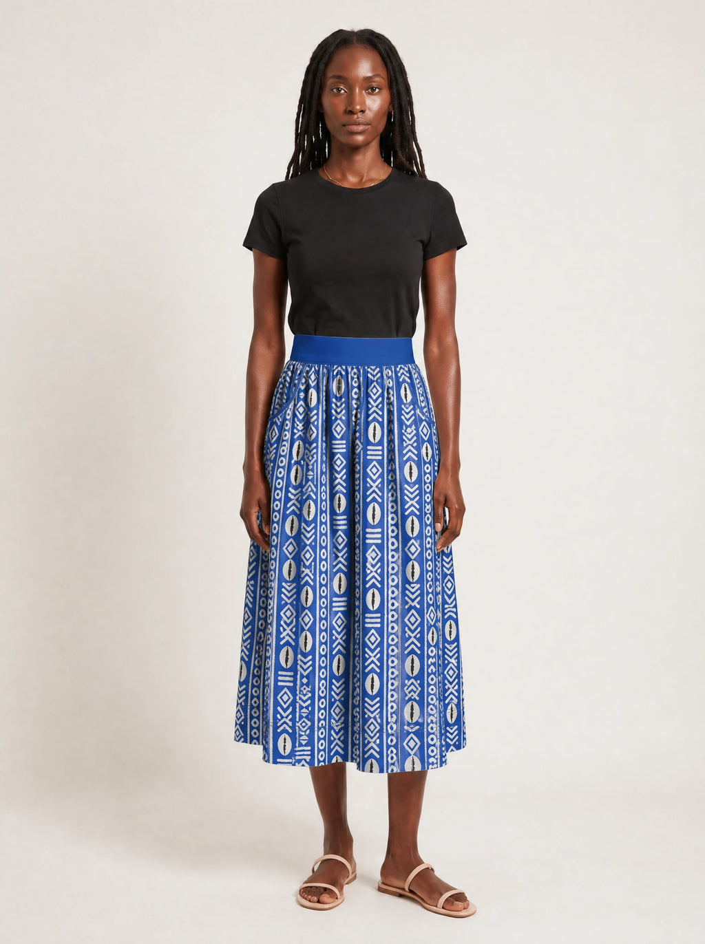 "Oshun Royal Blue" Twirl Skirt — front view on model