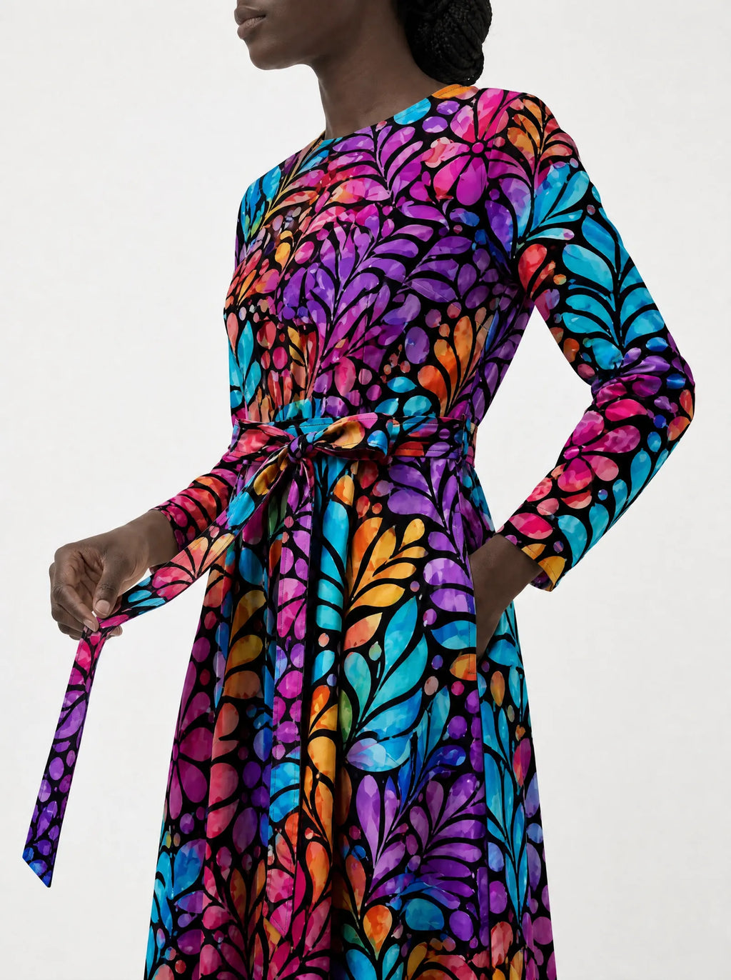 "Rangi" Viscose Midi Dress — close-up of the tie sash and the in-seam side pocket