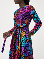 "Rangi" Viscose Midi Dress — close-up of the tie sash and the in-seam side pocket