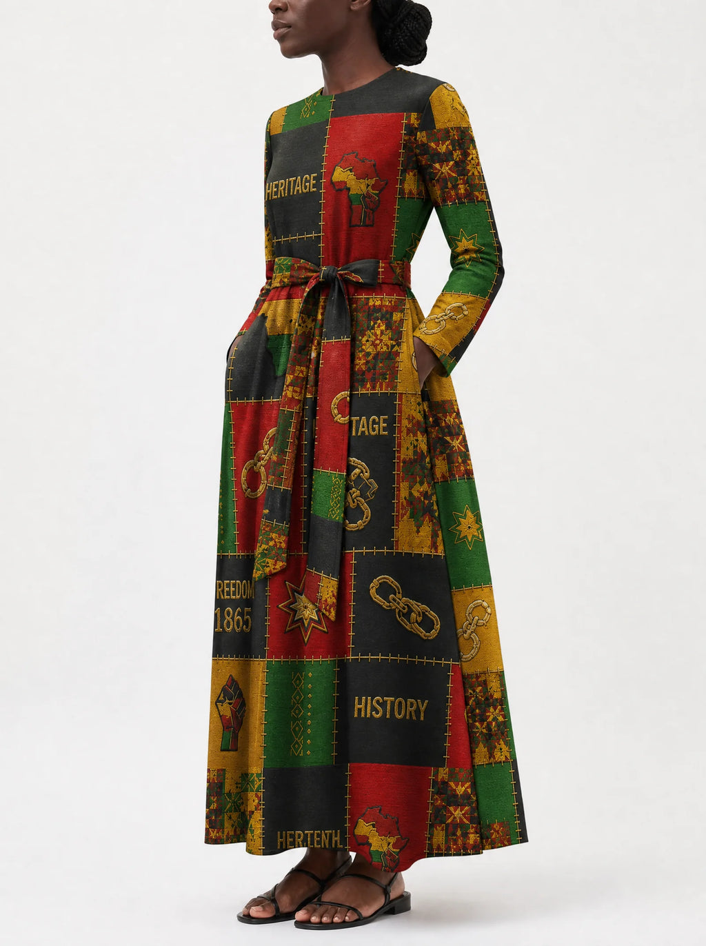 "Kumbuka" Viscose Midi Dress — close-up of the tie sash and the in-seam side pocket