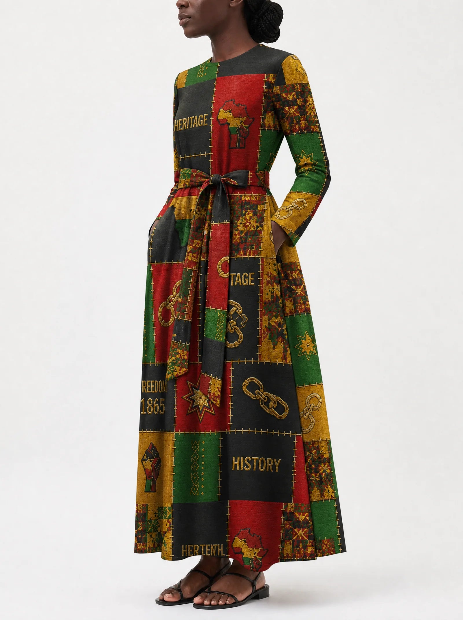 "Kumbuka" Viscose Midi Dress — close-up of the tie sash and the in-seam side pocket
