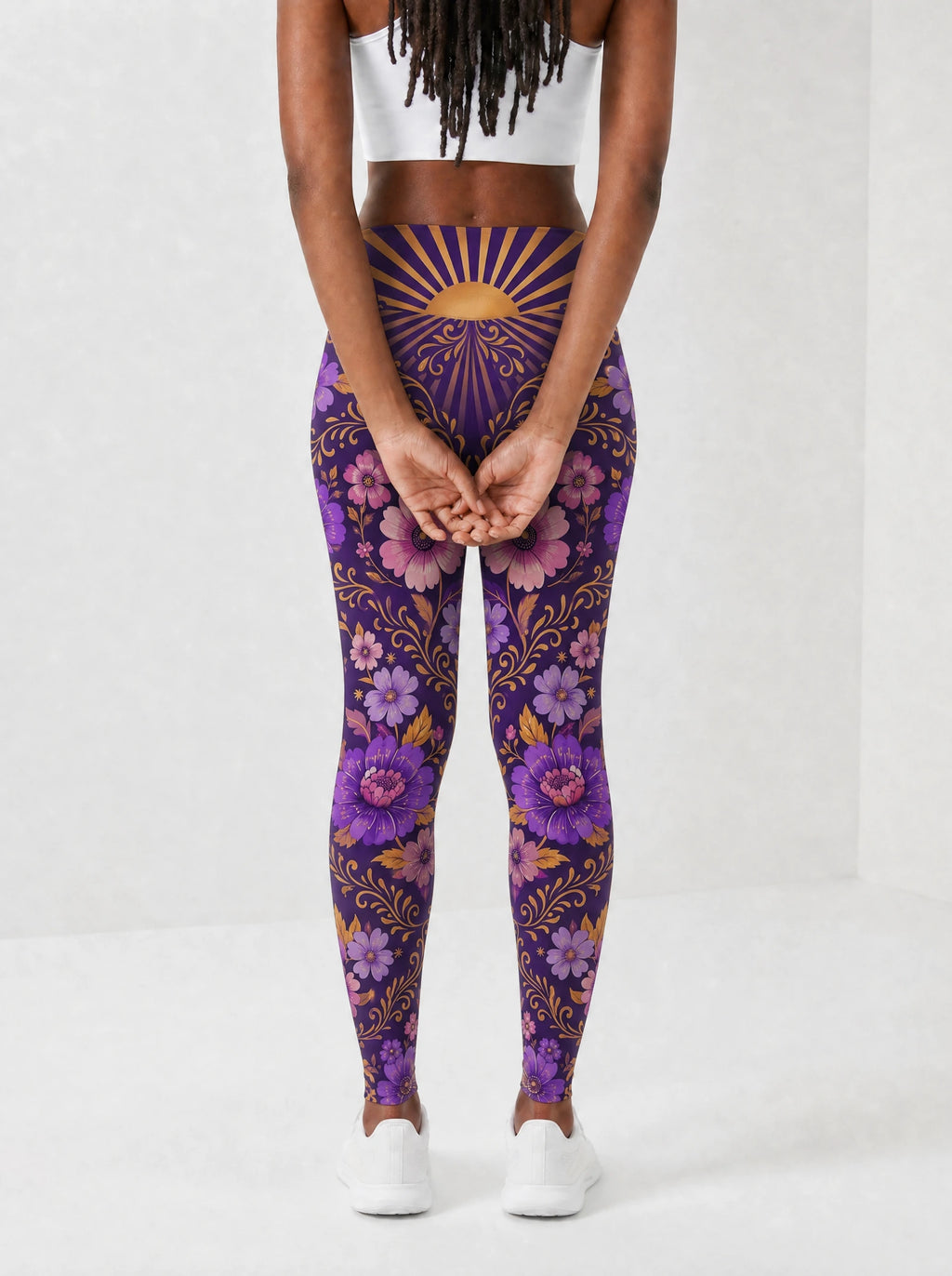 "August Queen Purple Bloom" Leggings — back view on model