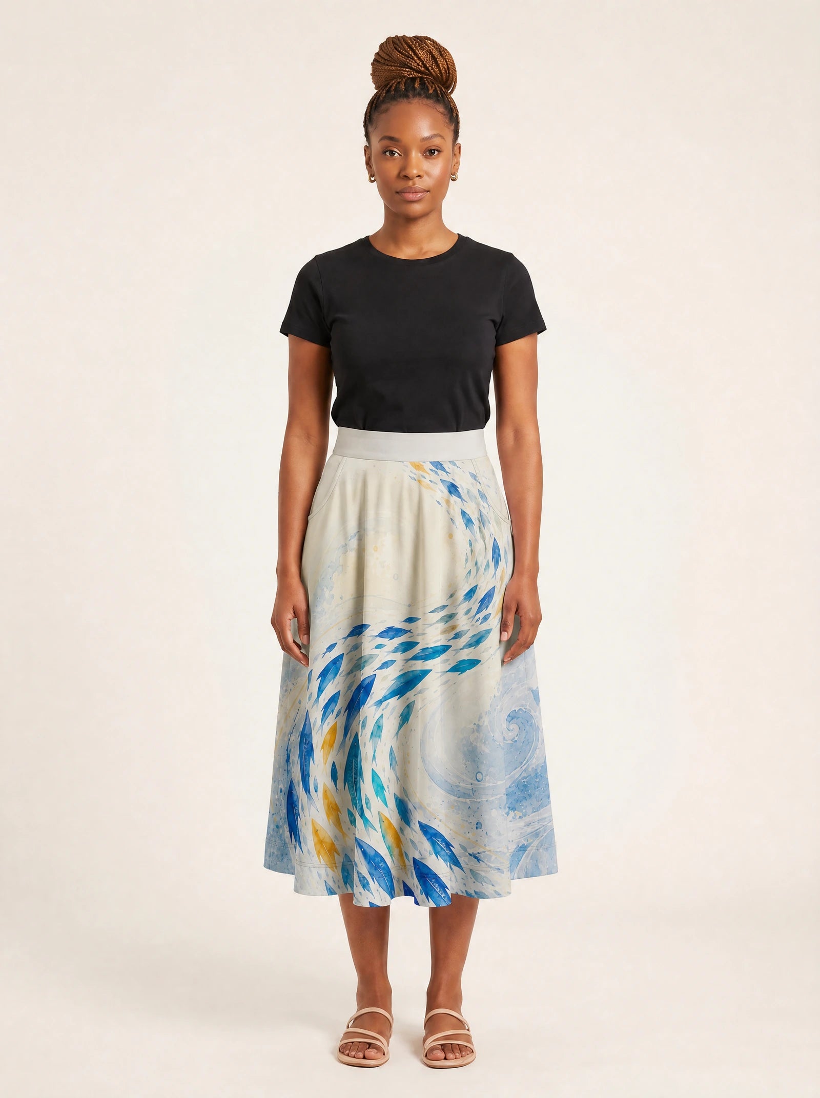 "Samaki" Twirl Skirt — front view on model