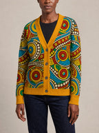 "Taji" Cardigan — close view of the V-neck, buttons and ribbed trims